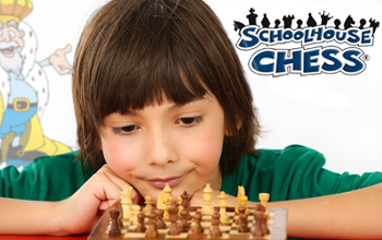 A boy sitting in back of a chess board contemplating his next move.  The mad science school house chess logo is on top of ima